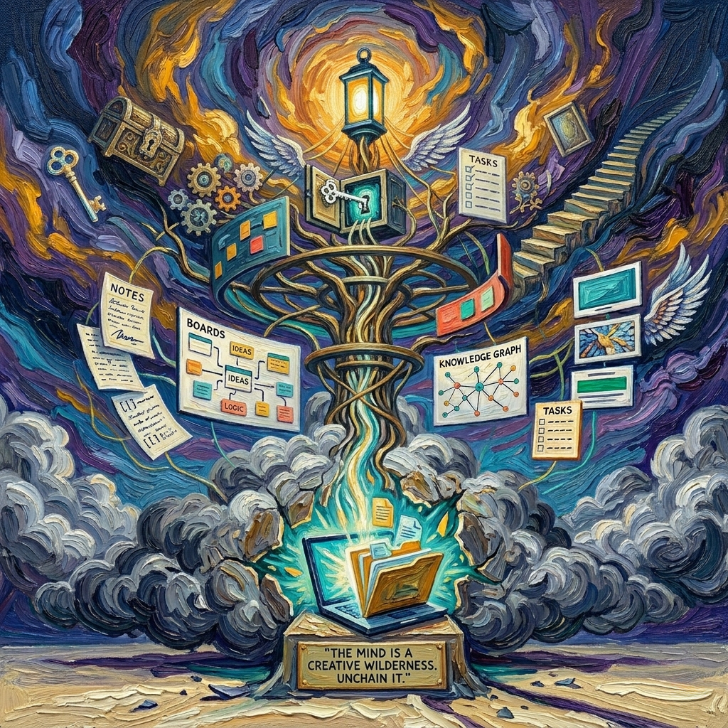 A cloud cocoon splits from within as a laptop and vault folder erupt into a luminous orrery — notes, boards, graph, slides, tasks, and AI orbit under a symbolic surreal sky on your machine