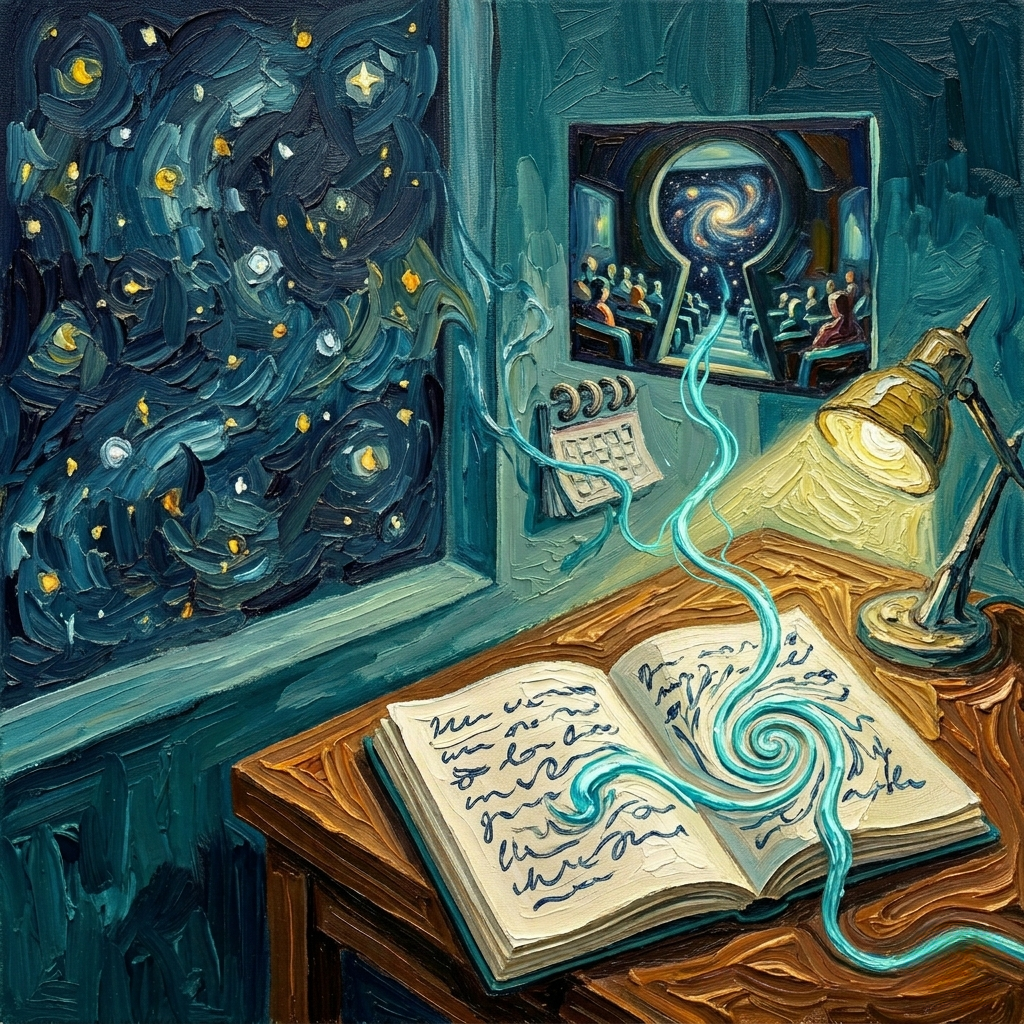 Study lamp island — lecture slide linked by a mint thread to notes in one vault