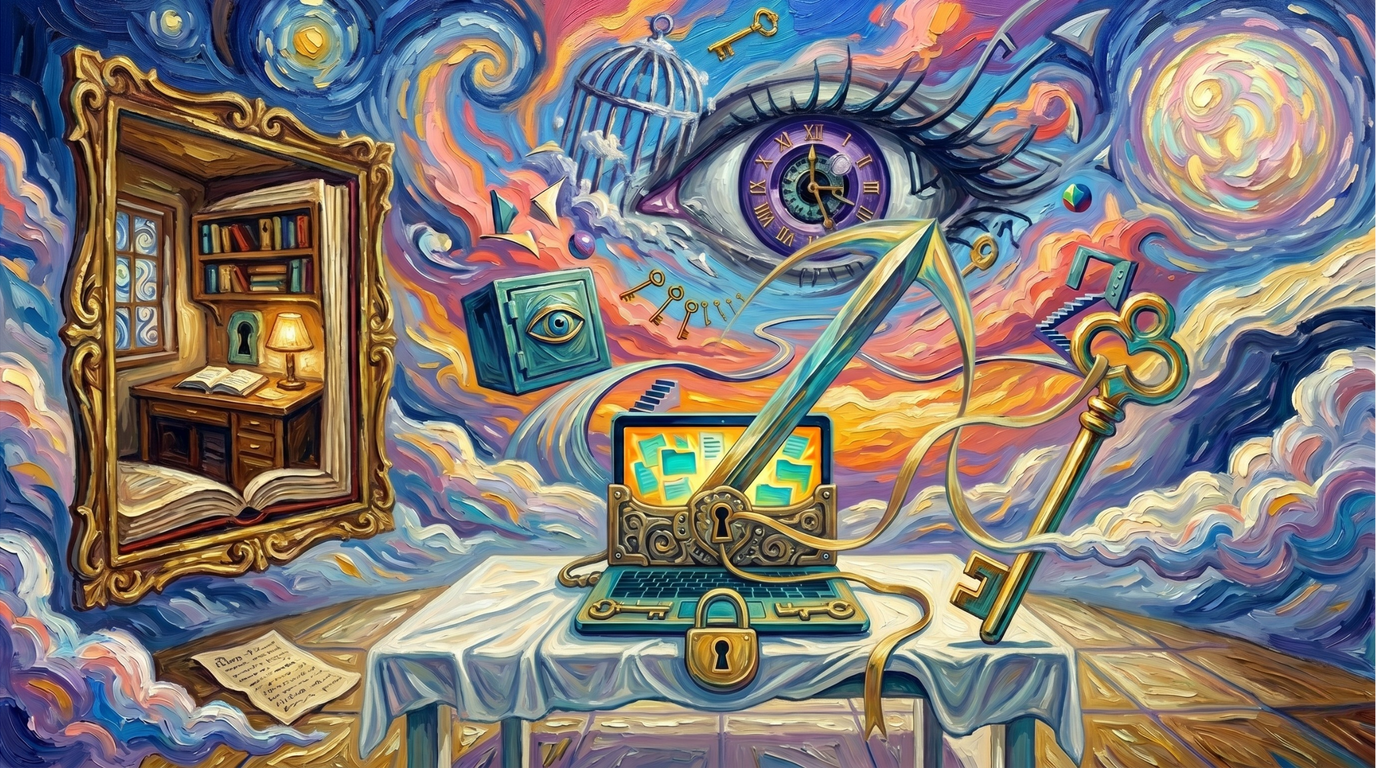 A sword-laptop on your desk parries a surreal landlord symbol in a symbolic sky while your files glow inside — you hold the brass key, your data stays local